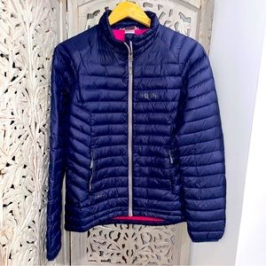Rab Womens Med Down Jacket Pertex Microlight Navy Blue Hot Pink Lining Slim Fit